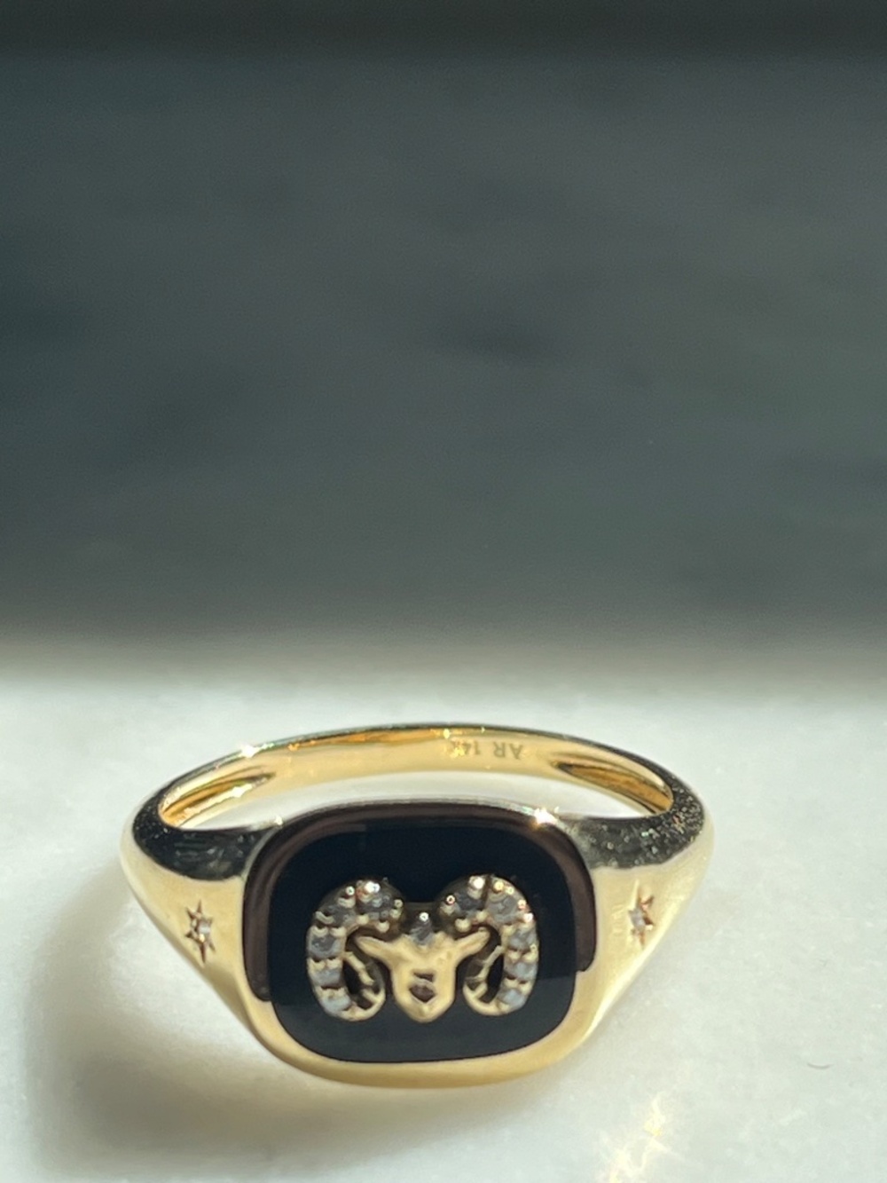 Adina Reyter Aries Zodiac 14K Gold Black Ceramic & Diamond Signet Ring Sz. 8 - Picture 5 of 14
